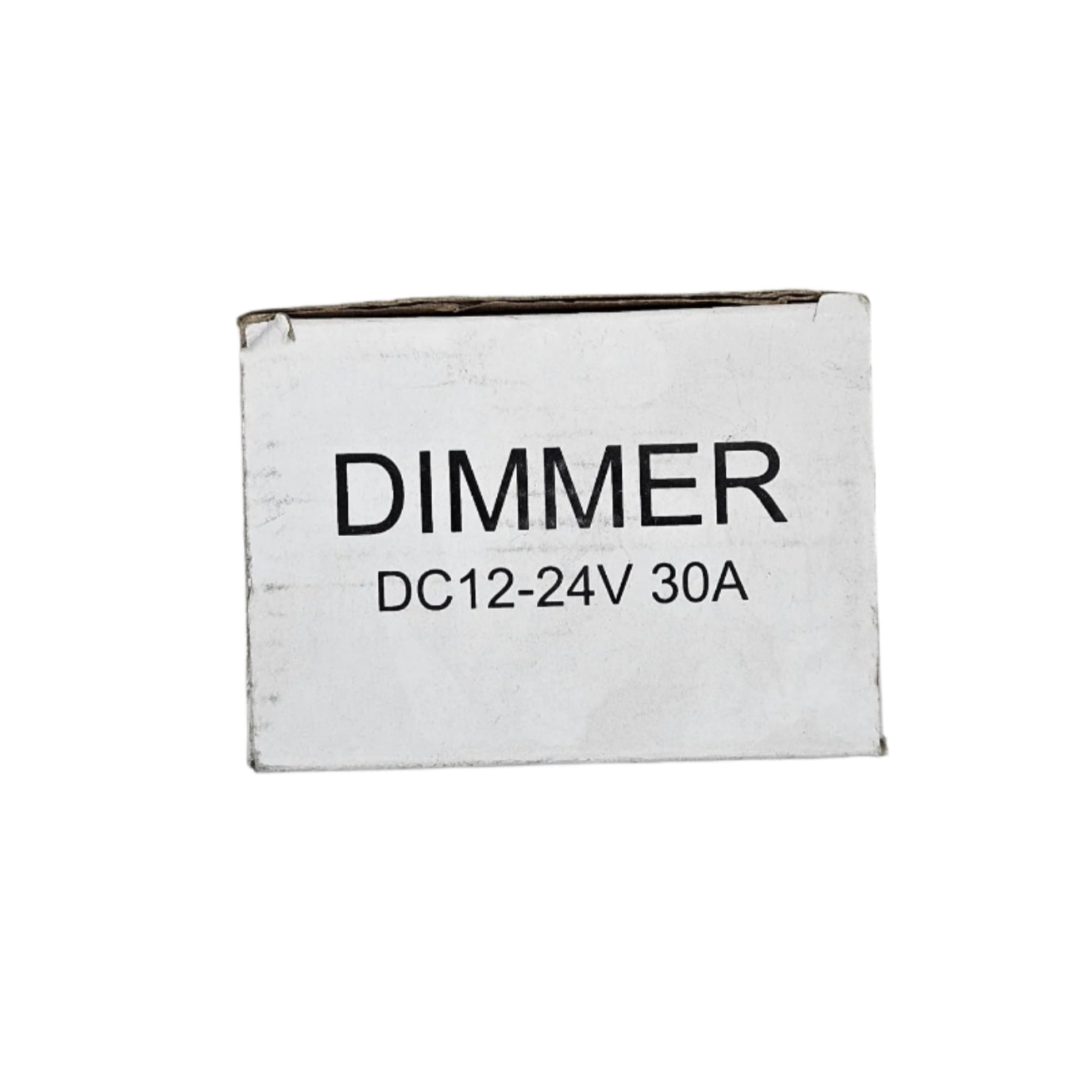 Dimmer switch packaging with 'DIMMER' and technical specifications on a light gray background