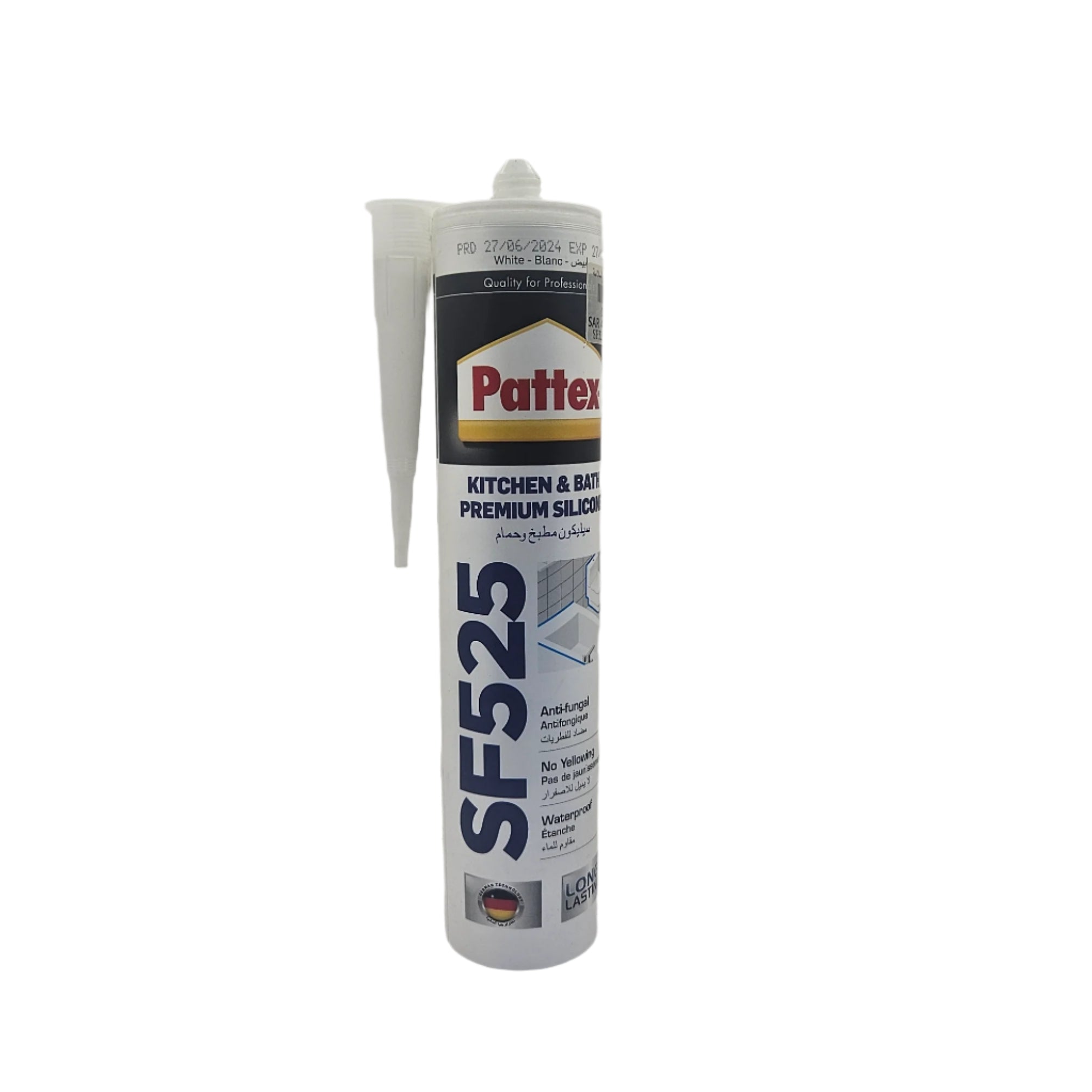Pattex SF525 silicone sealant tube on a white background