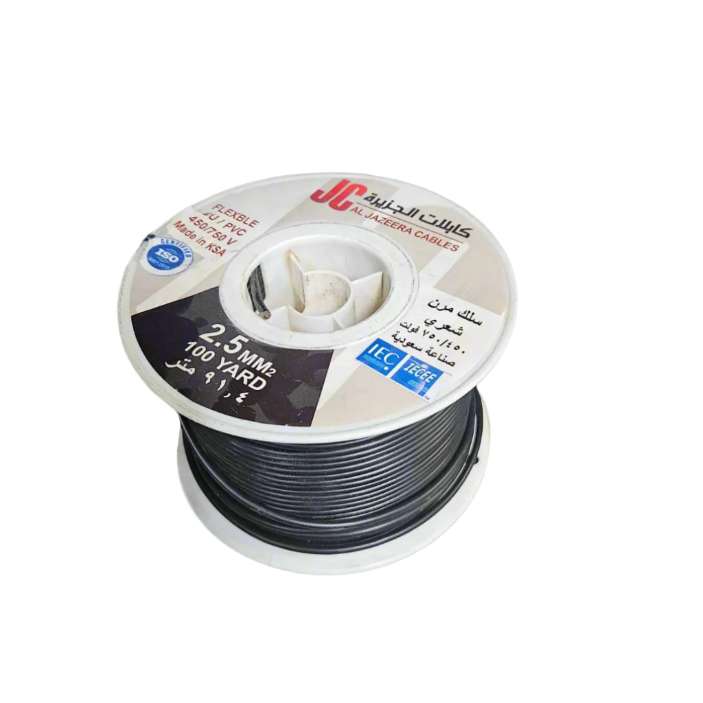 Spool of wire with a label on a metallic surface