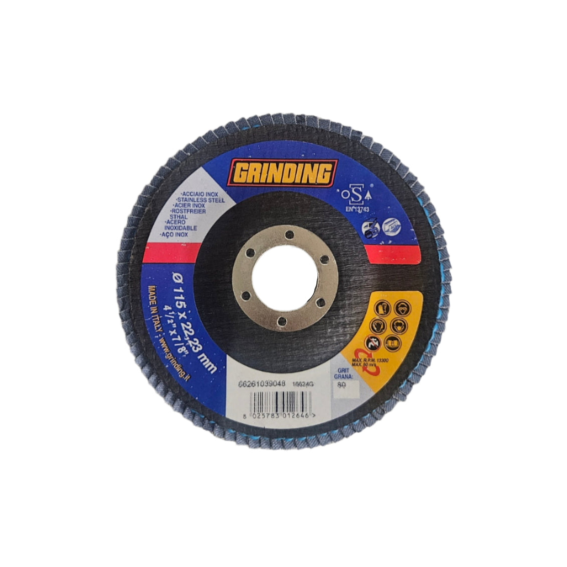 Flap disc with brand labels on a metallic surface
