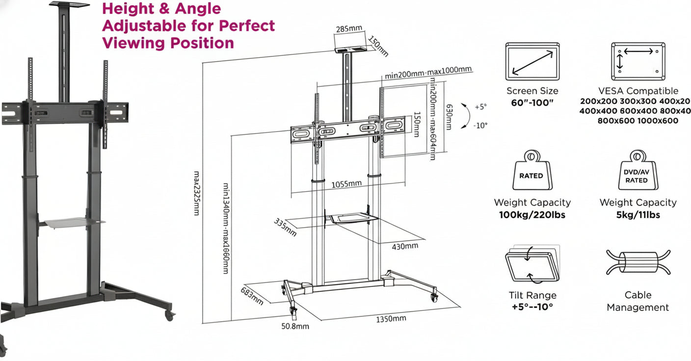 Redot Telescopic Height Adjustable Steel TV Cart for 60" ~ 100" Flat Panel TV - SH 666TB